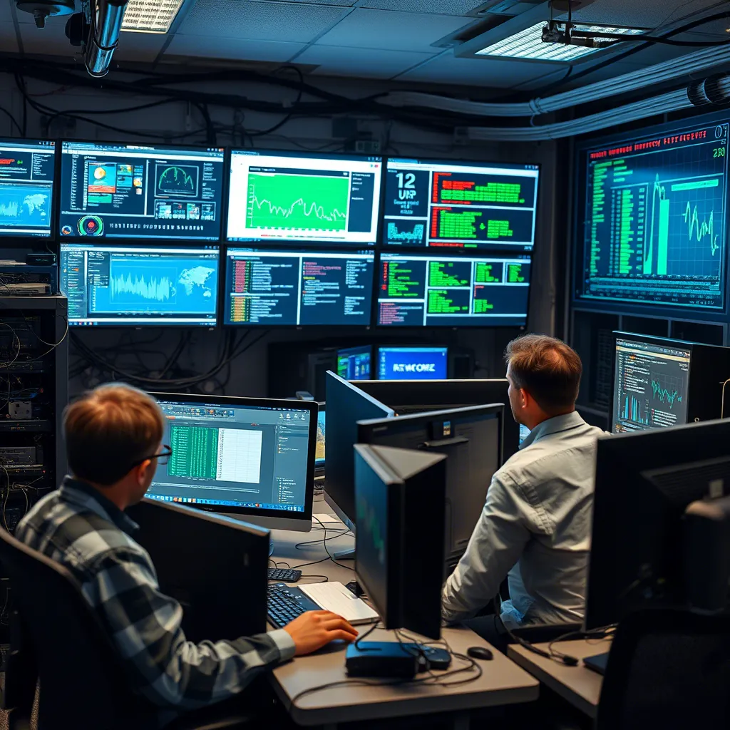 personas alrededor de varios ordenadores y pantallas